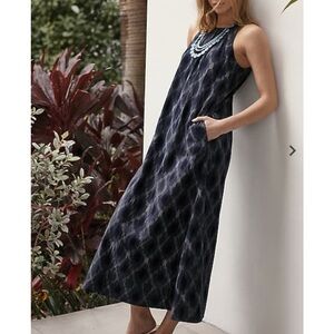 J.Jill Pure Jill Ikat A-Line Maxi Dress Sleeveless Navy Blue Size Small Petite